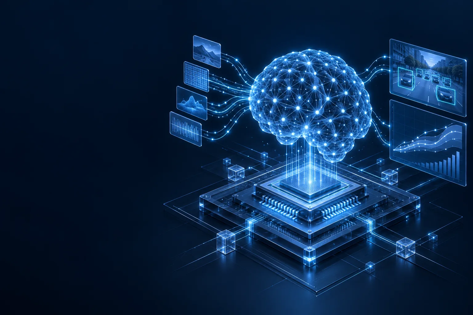 Illustration of an AI neural network connected to data dashboards