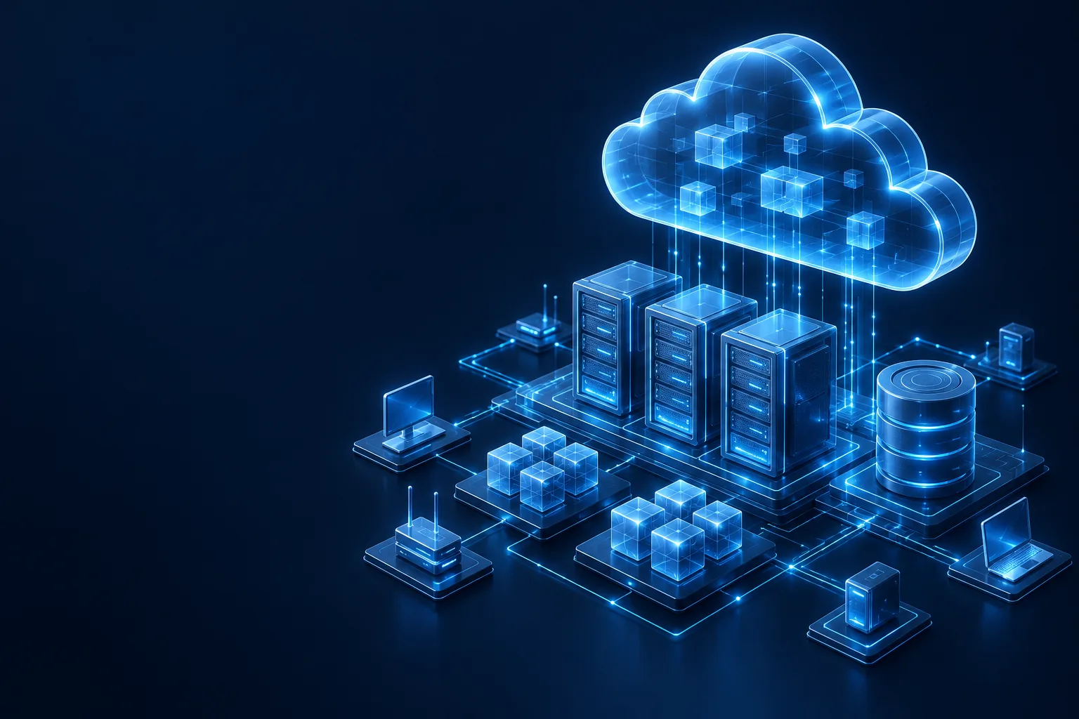 Illustration of a cloud connected to servers and devices