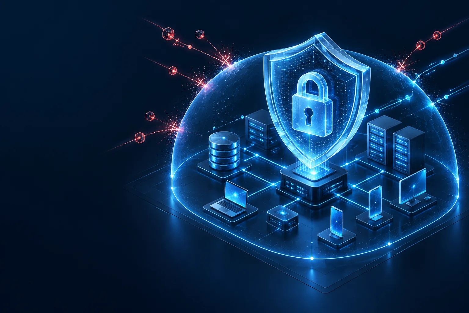 Illustration of a security shield and lock protecting servers and devices