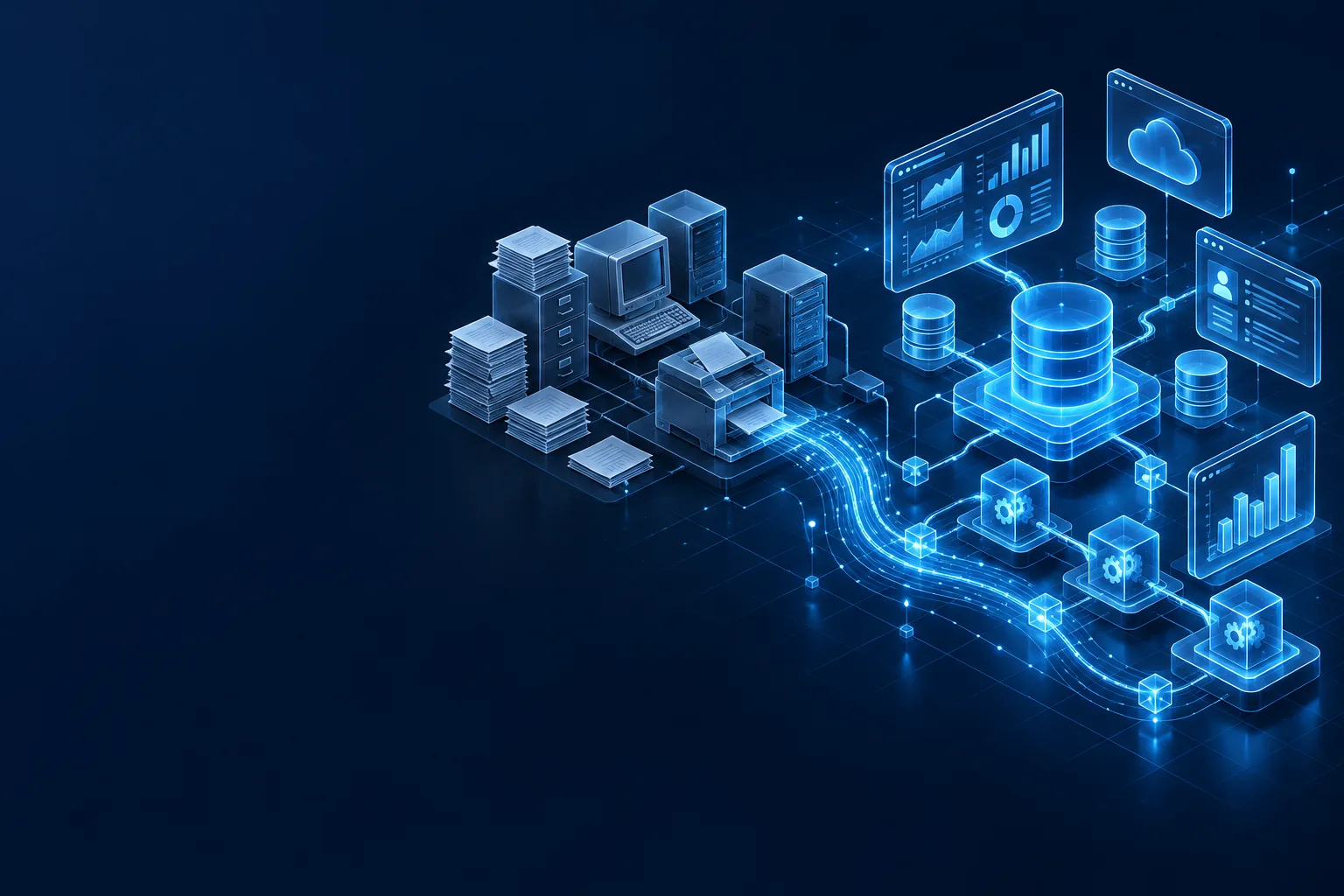 Illustration of connected data, analytics dashboards and cloud services