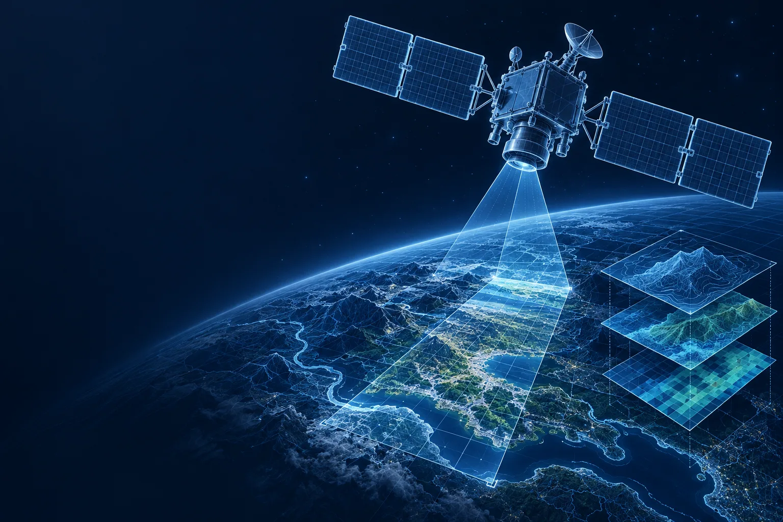 Illustration of a satellite imaging the Earth with layered data maps